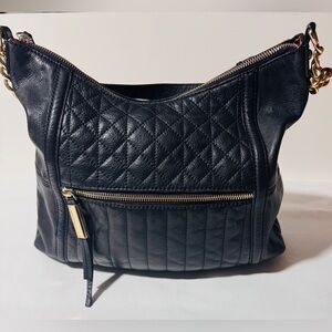 B.Makowsky Black Leather Quilted Chain Strap Zipper Shoulder Hobo Bag